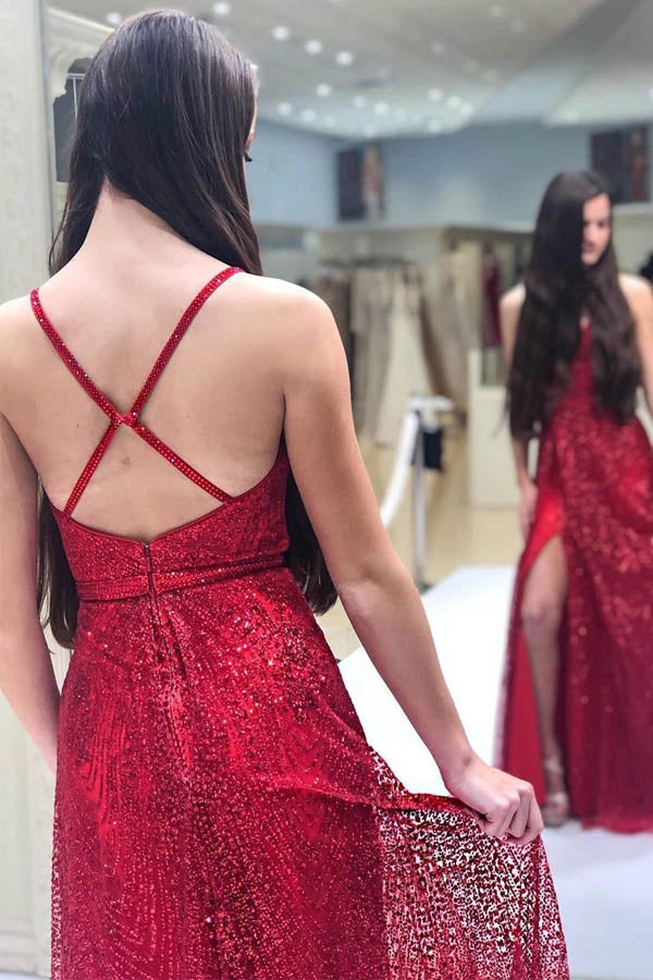 Sparkly V-neck Backless A-line Red Long Prom/Formal Dress With Split