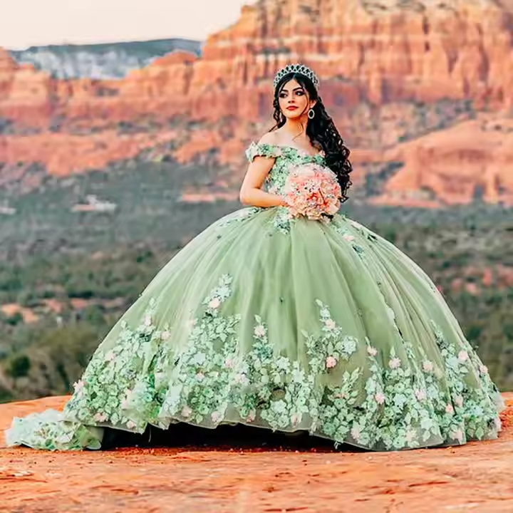 Light Sage Green Quinceanera Dresses Sweet 16 Pageant Floral Ball Gown Y2063