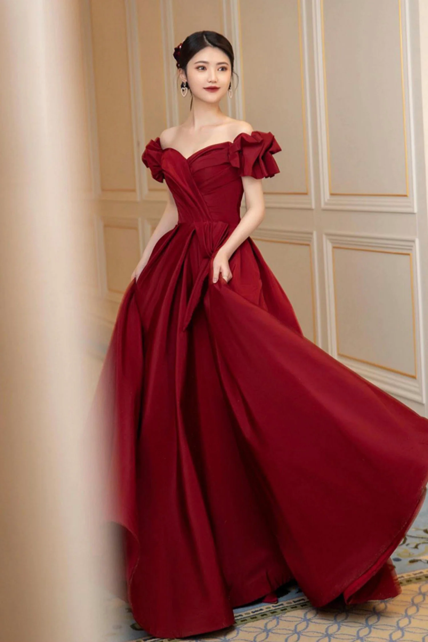 Burgunderrotes langes Satin-Ballkleid, A-Linien-Abendkleid Y1658