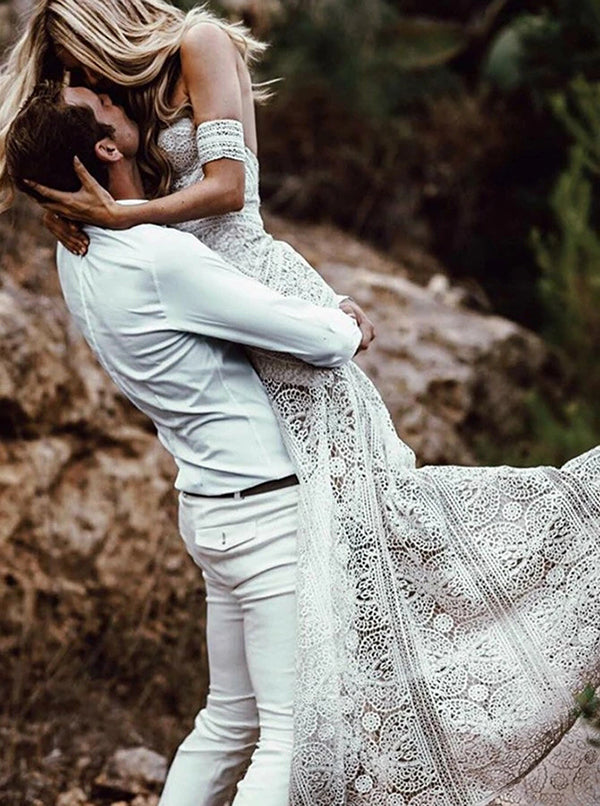 Roycebridal Sweetheart Neck Lace Beach Ivory Rustic Boho Wedding Dresses,MW267