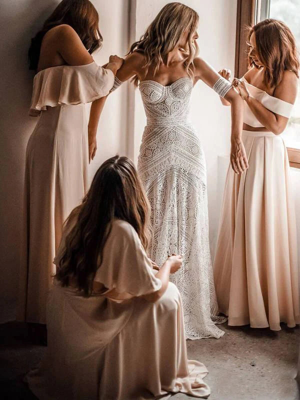 Roycebridal Sweetheart Neck Lace Beach Ivory Rustic Boho Wedding Dresses,MW267