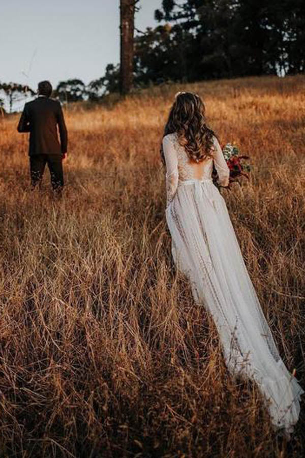 Roycebridal Lace Polka Dot Boho with Sleeves Bohemian Wedding Dress,MW274