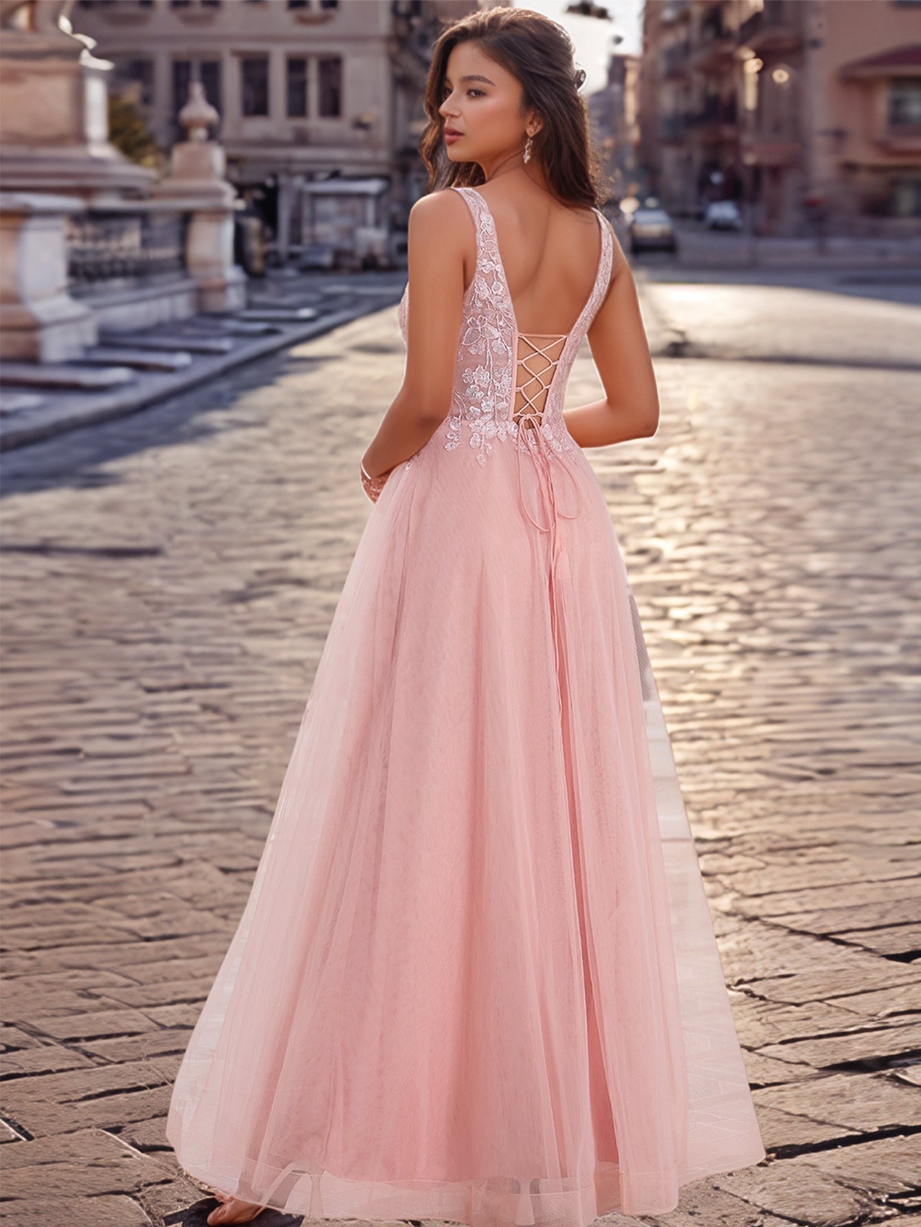 Lace Butterfly Tulle Floor Length A-Line Prom Dress