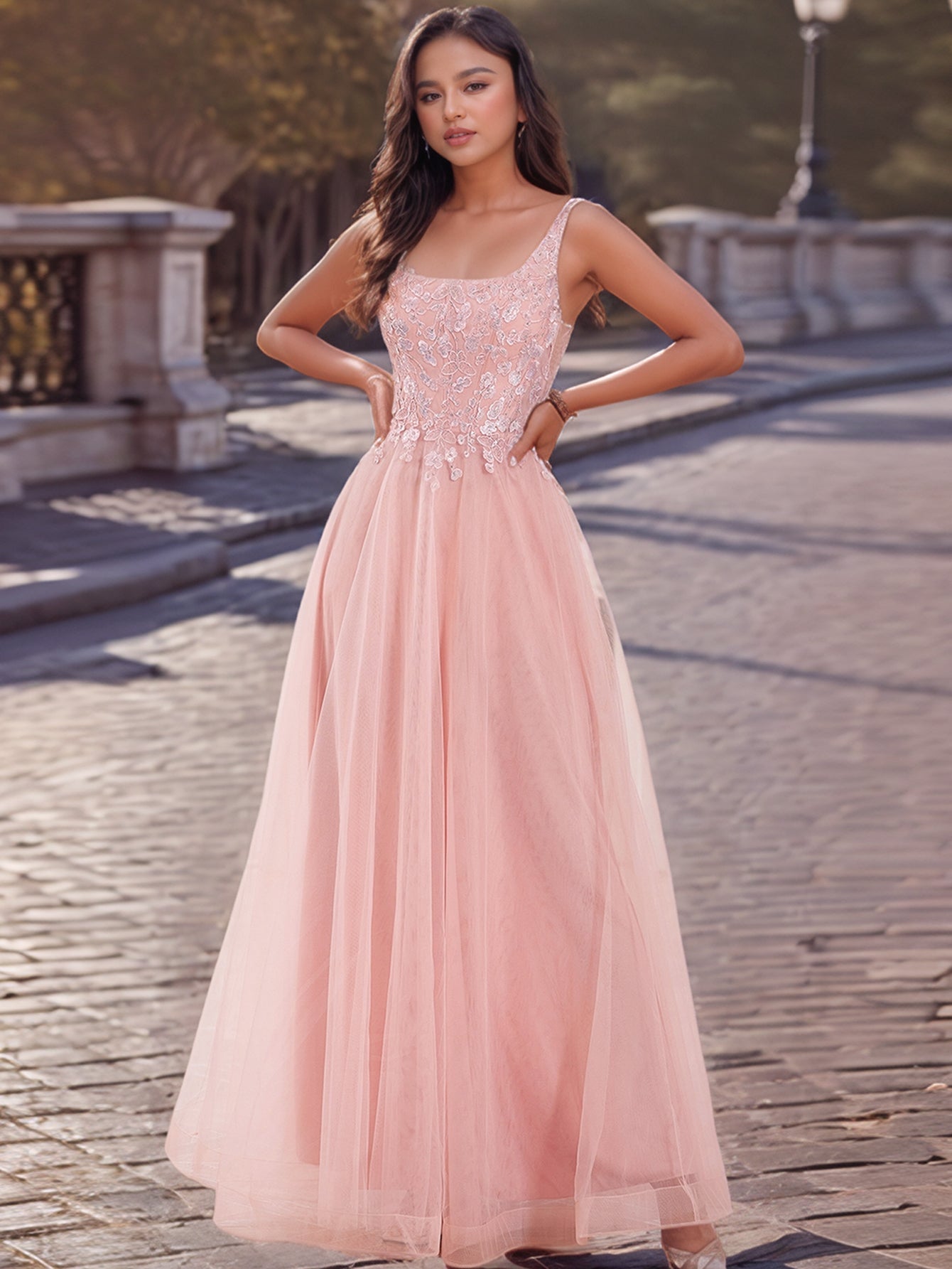 Lace Butterfly Tulle Floor Length A-Line Prom Dress
