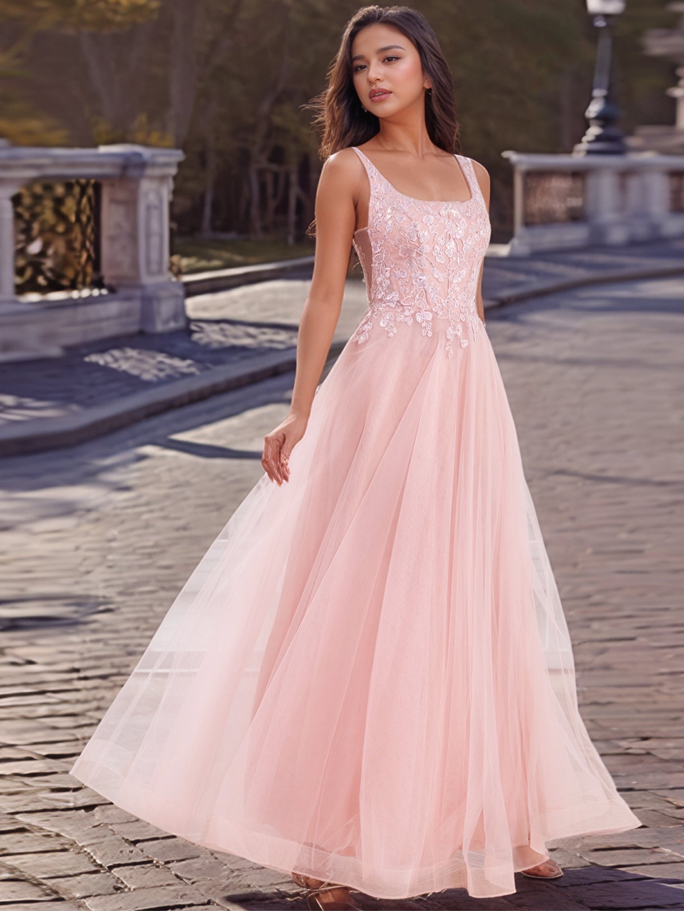 Lace Butterfly Tulle Floor Length A-Line Prom Dress