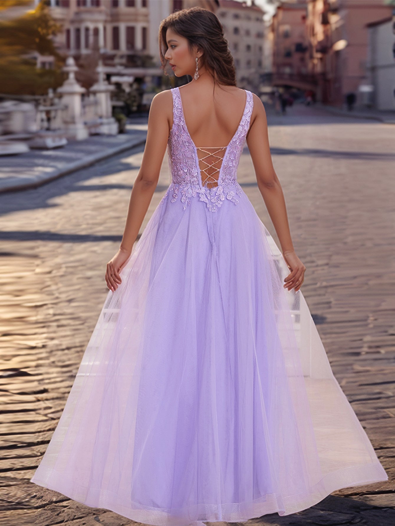 Lace Butterfly Tulle Floor Length A-Line Prom Dress
