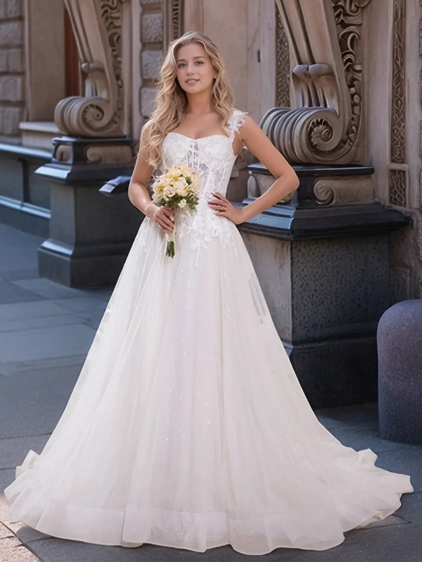 Lace Embroidery Sheer Bodice Boned Wedding Dress With Chapel Train