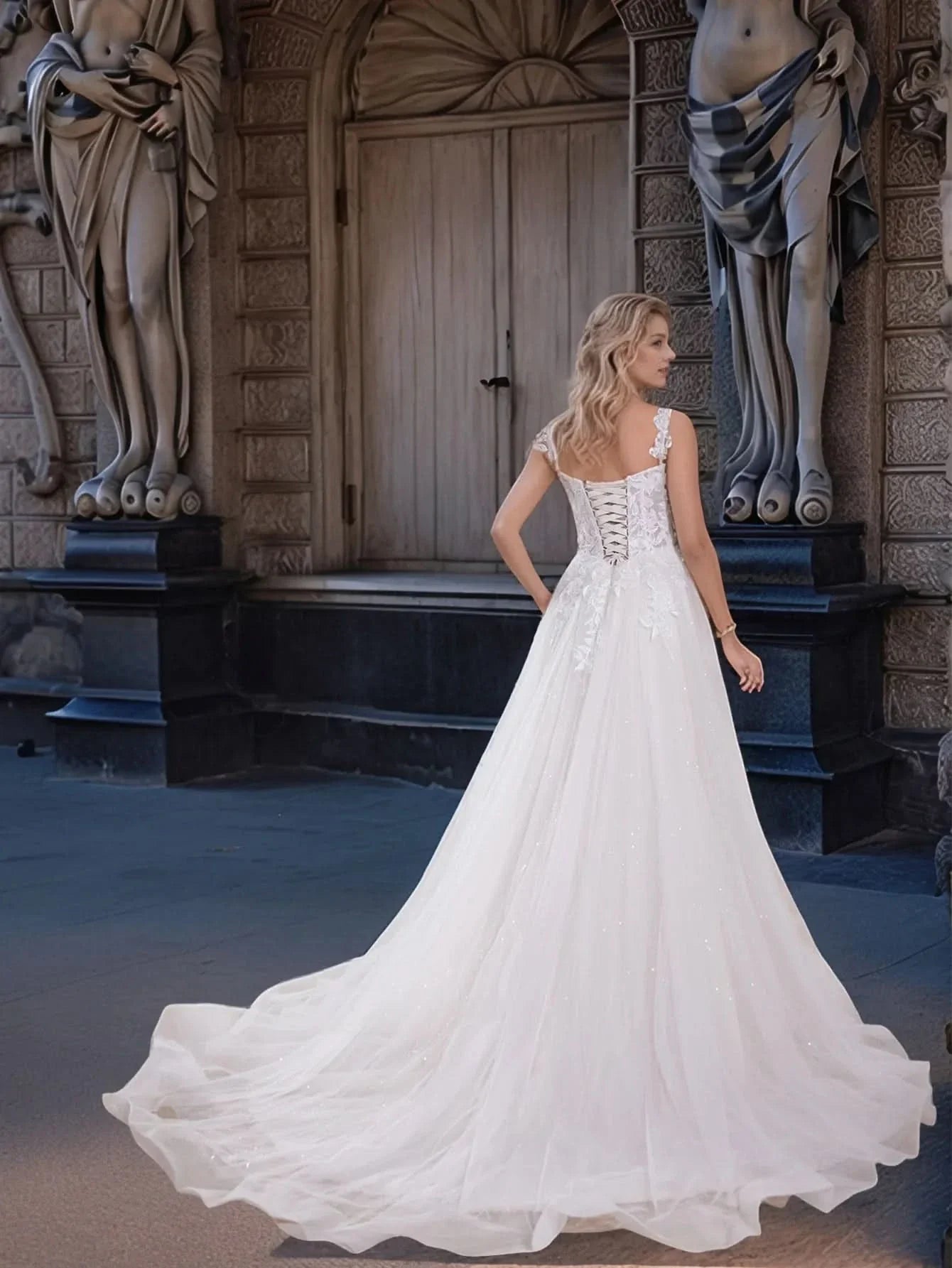 Lace Embroidery Sheer Bodice Boned Wedding Dress With Chapel Train