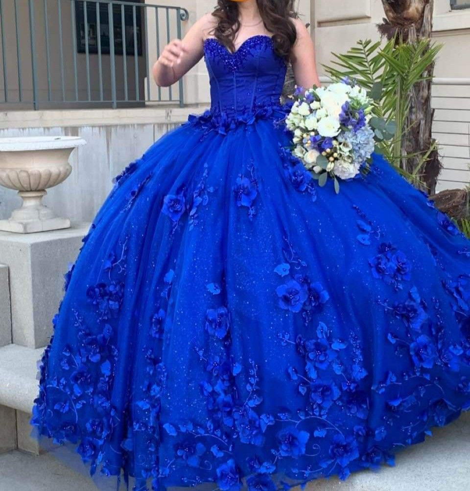 3D Blumen Kristalle Royal Blue Ballkleid Quinceanera Kleider Mit Applikationen Süße 16 Kleid Y4089