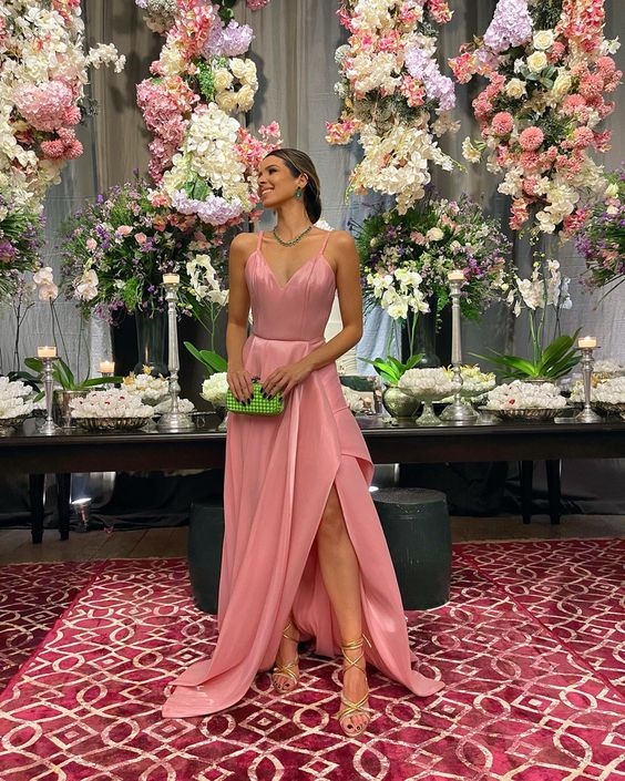 A-Linie Spaghettiträger Rosa Satin Abendkleid Y4728