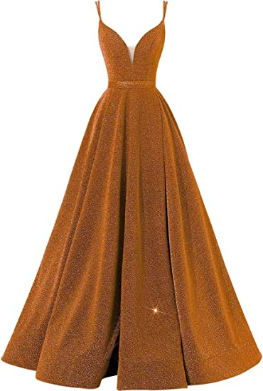 Glitter Spaghetti V-Neck Prom Dresses Long Formal Evening Dress Y871