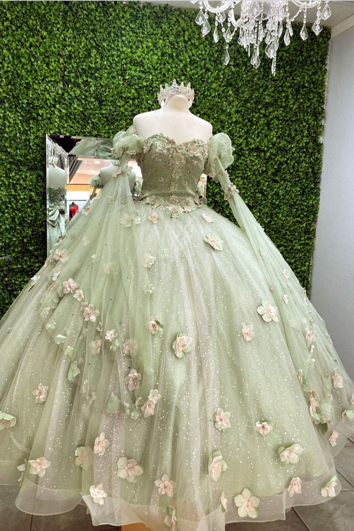 Shiny Light Sage Green Princess Dress with Flowers .Light Sage Green Ball Gown,Sweet 16 Dress Y2188