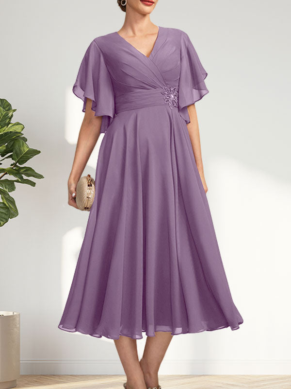 A-line V-Neck Tea-Length Chiffon Mother of the Bride Dress With Pleated Beading