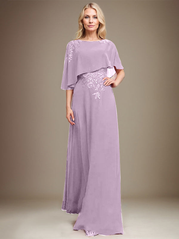 A-Linie U-Ausschnitt Bodenlang Chiffon Spitze Kleid für die Brautmutter mit Pailletten und Perlen