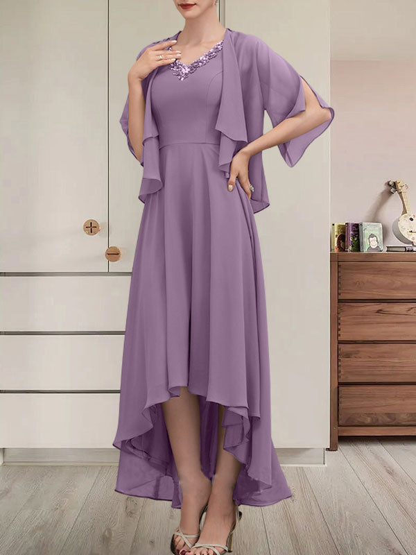 A-Linien-Kleid mit V-Ausschnitt, asymmetrischem Chiffon für die Brautmutter mit Perlen und Pailletten