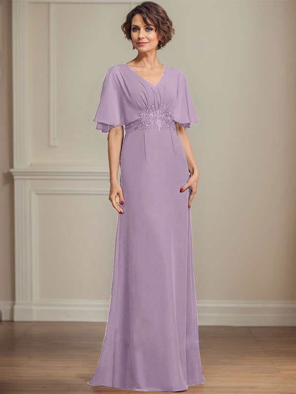 A-Linie V-Ausschnitt Bodenlanges Chiffonkleid für die Brautmutter mit plissierten Paillettenapplikationen Spitze
