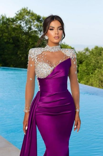 Meerjungfrau Bodenlanges High Neck Lange Ärmel Perlenbesatz Fleck Ballkleid mit Rüschen