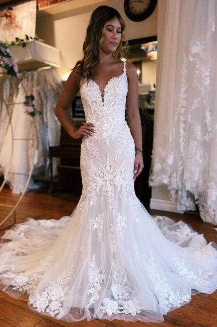 Mermaid Sweetheart Floor-Length Straps Sleeveless Tulle Wedding Dress with Appliques
