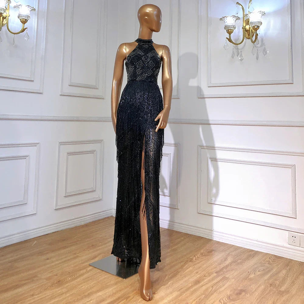 En oferta, sin devolución ni reembolso, vestido de noche de lujo con borlas de sirena y diamantes de imitación, vestido de desfile sin mangas, vestido de noche de sirena con abertura LA60776
