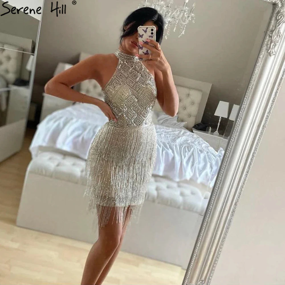 En oferta, sin devolución ni reembolso, vestido de noche de lujo con borlas de sirena y diamantes de imitación, vestido de desfile sin mangas, vestido de noche de sirena con abertura LA60776