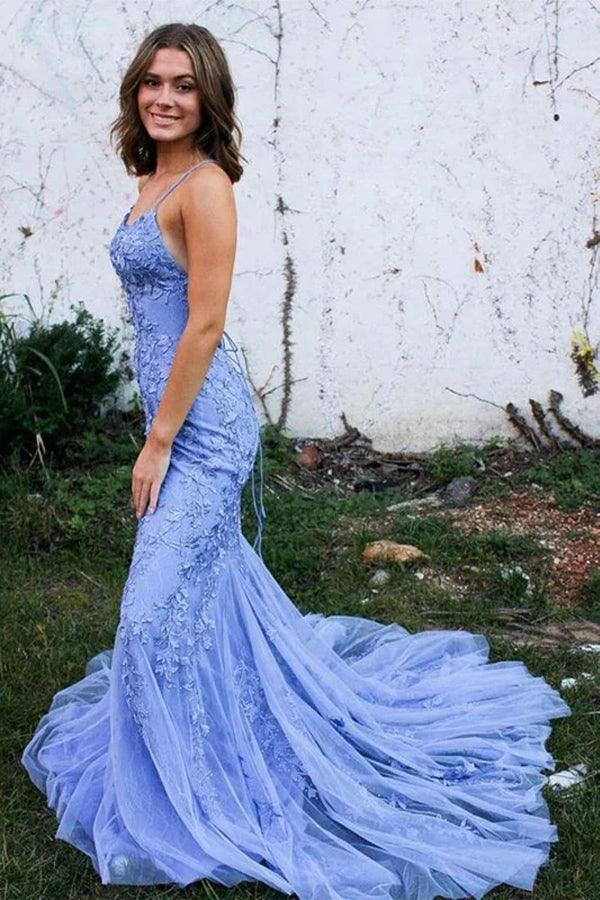 Mermaid Backless Blue Lace Long Prom Dresses Formal Dresses