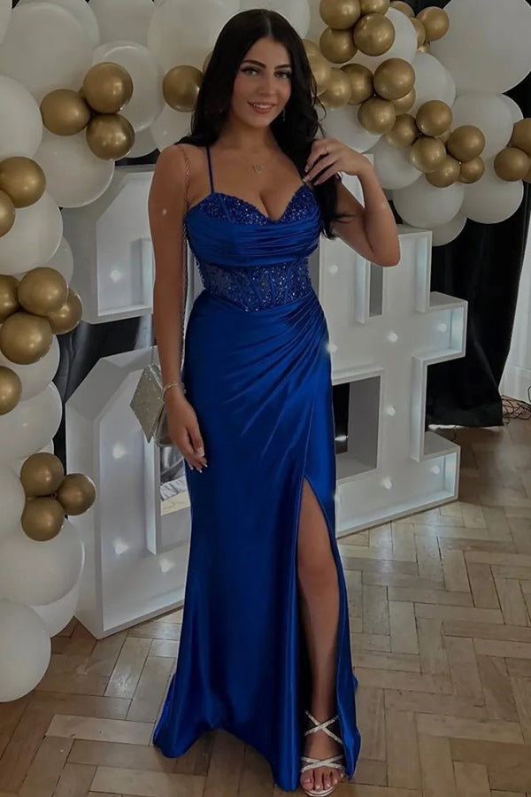 Mermaid Spaghetti Straps Corset Long Prom Dress with Slit