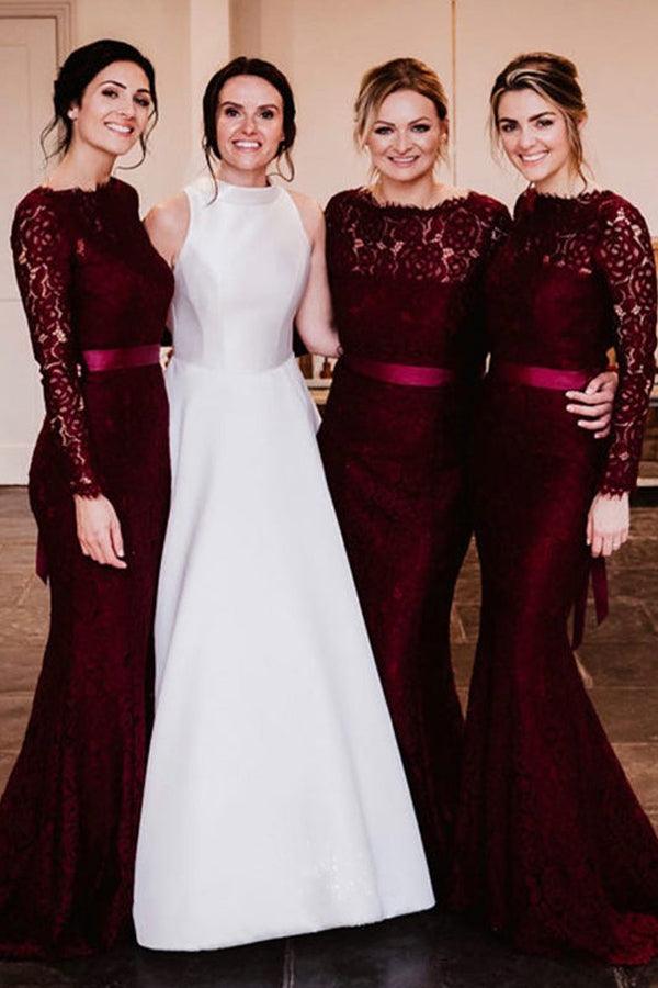 Mermaid Sweep Train Lace Long Sleeve Burgundy Bridesmaid Dresses BD090