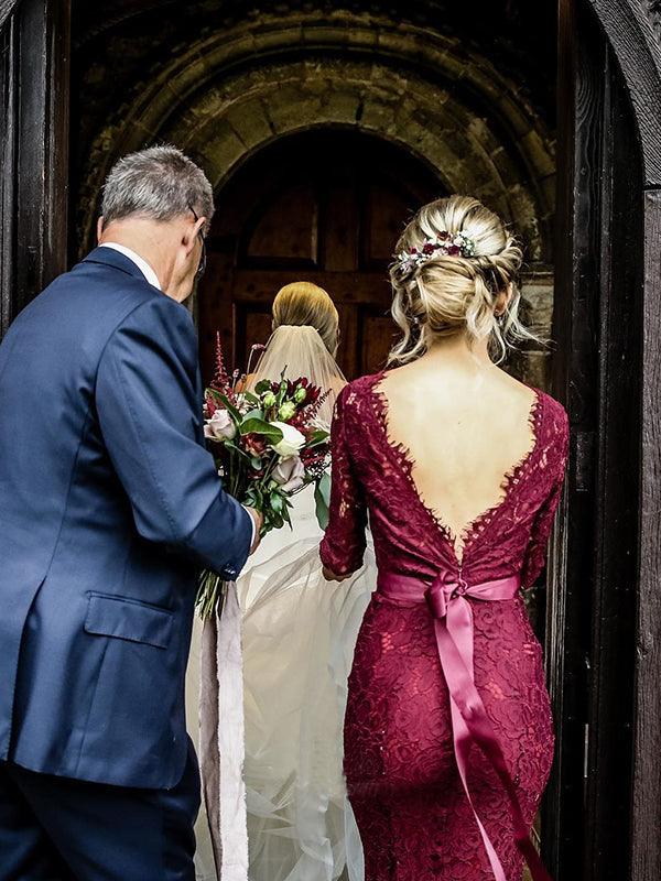 Mermaid Sweep Train Lace Long Sleeve Burgundy Bridesmaid Dresses BD090