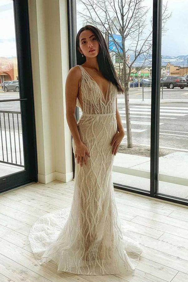 Mermaid V Neck Lace Wedding Dresses Backless Bridal Gown WD598