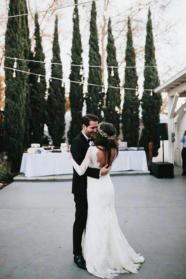 Mermaid V Neck Wedding Dress Long Sleeve Lace Bridal Gown WD610