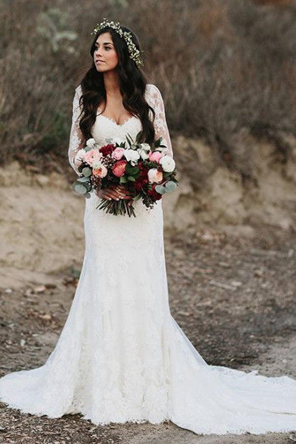 Mermaid V Neck Wedding Dress Long Sleeve Lace Bridal Gown WD610