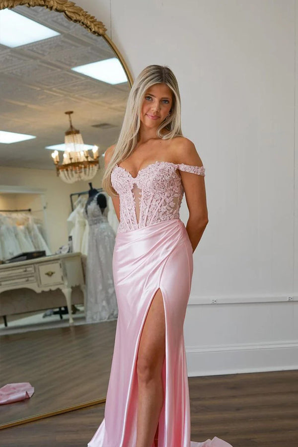 Mermaid Off Shoulder Pink Prom Dress With Appliques PSK575