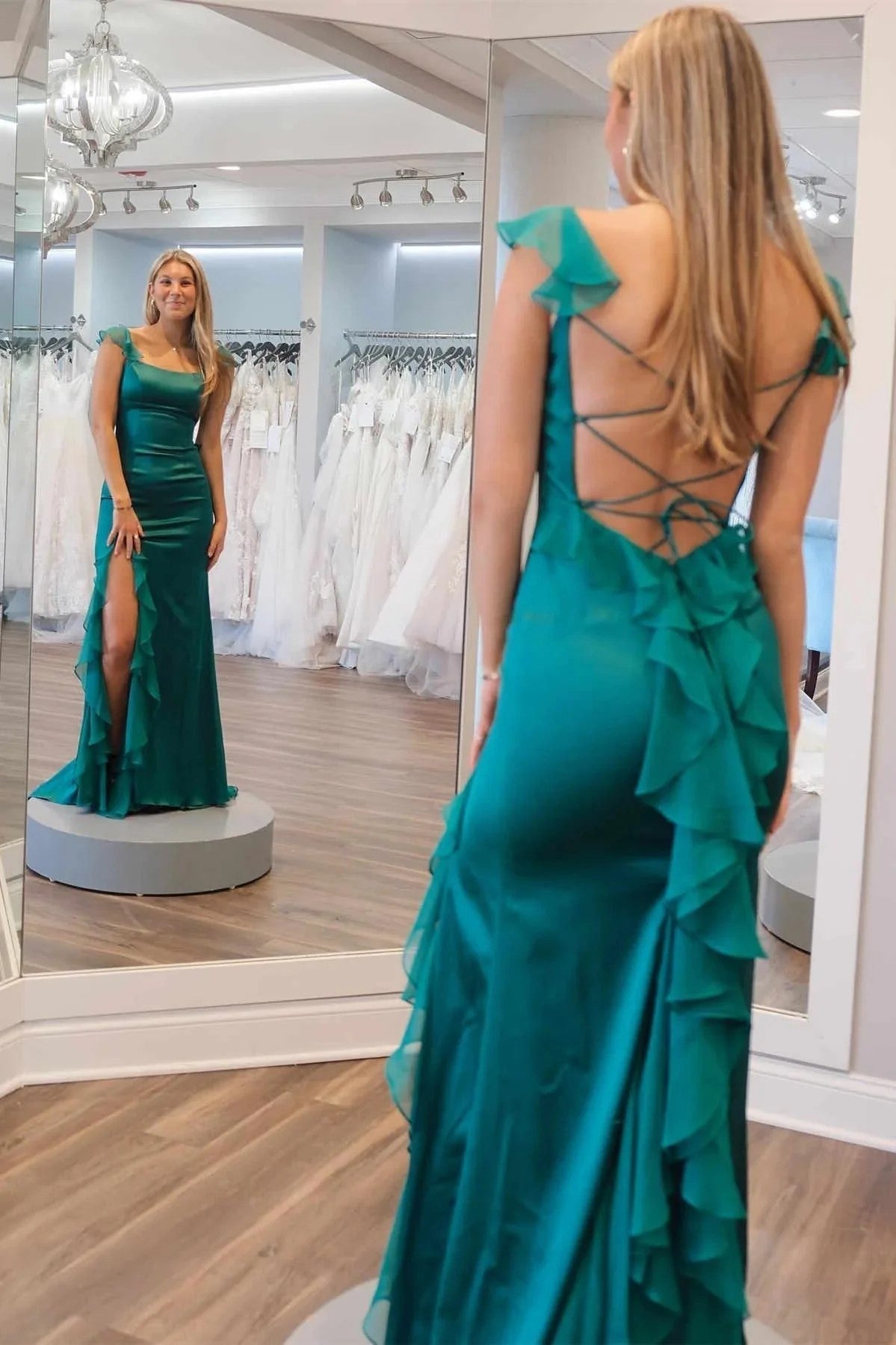 Mermaid Straps Scoop Pleated High Slit Green Long Prom Dress