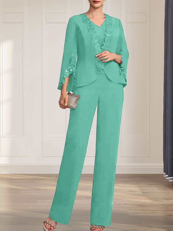Separates Jumpsuit/Hosenanzug V-Ausschnitt Bodenlanges Chiffonkleid für die Brautmutter