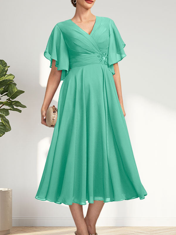 A-line V-Neck Tea-Length Chiffon Mother of the Bride Dress With Pleated Beading
