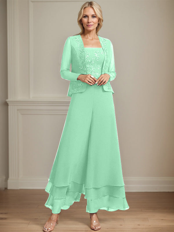 Separates Jumpsuit/Hosenanzug Quadratisches Knöchellanges Spitzenchiffonkleid für die Brautmutter mit Pailletten