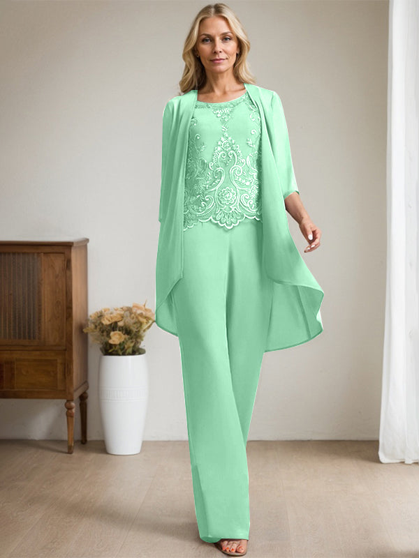 Separates Jumpsuit/Hosenanzug, U-Ausschnitt, bodenlanges Chiffon-Spitzenkleid für die Brautmutter mit Perlen und Pailletten