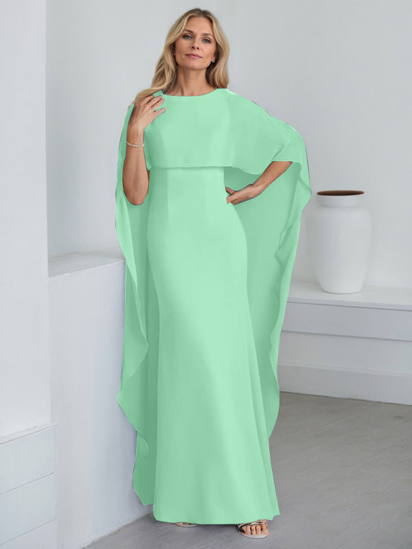 Bodenlanges Etui-Kleid aus Chiffon mit U-Ausschnitt und kaskadierenden Rüschen