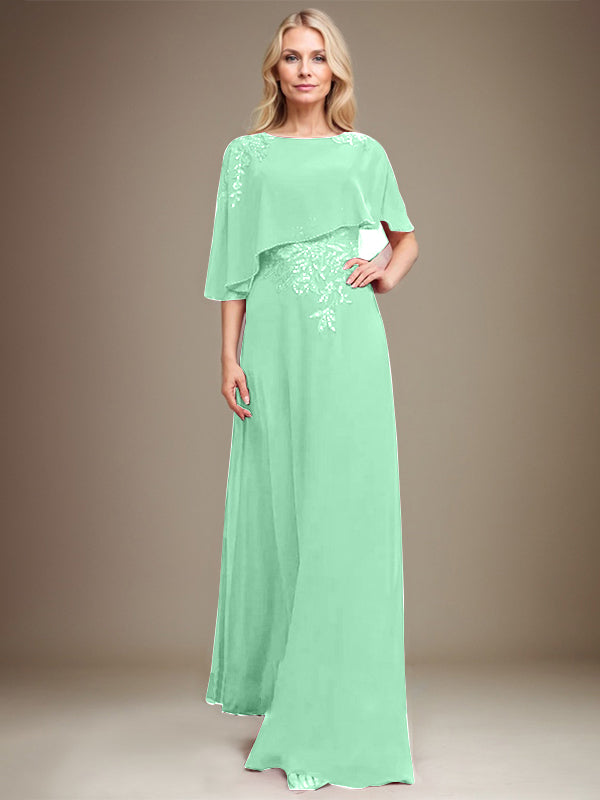 A-Linie U-Ausschnitt Bodenlang Chiffon Spitze Kleid für die Brautmutter mit Pailletten und Perlen