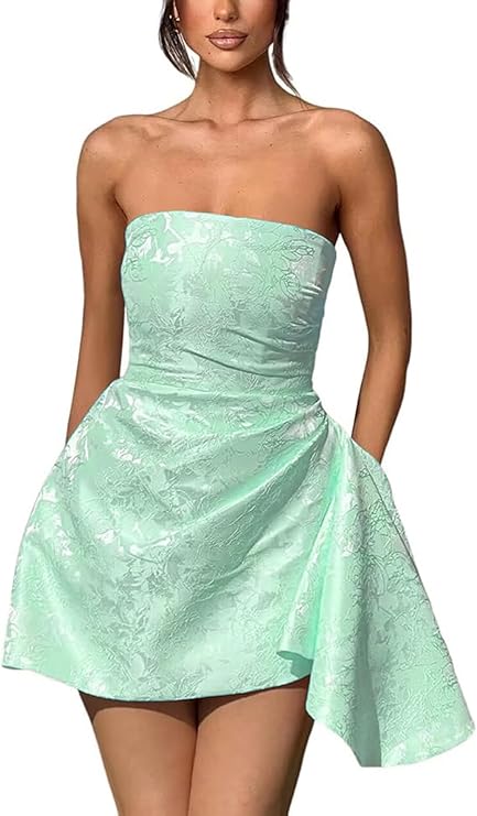 A-Linie, trägerlos, ärmellos, kurzes Heimkehrkleid, Jacquard-Satin, asymmetrisch, Partykleider mit Schnürung