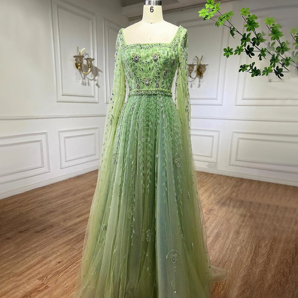 Muslimisches karamellfarbenes, perlenbesetztes A-Linien-Abendkleid mit Cape-Ärmeln LA71803A