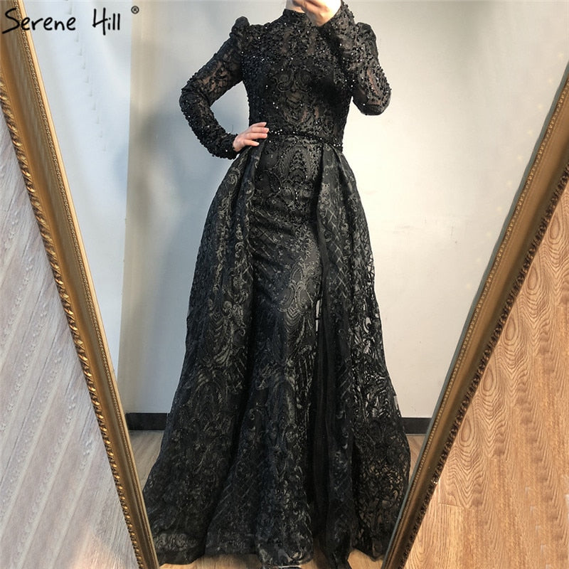 En oferta, sin devolución ni reembolso. Vestidos de noche musulmanes de manga larga con cristales negros, estilo sirena, de lujo, talla grande, LA70419.