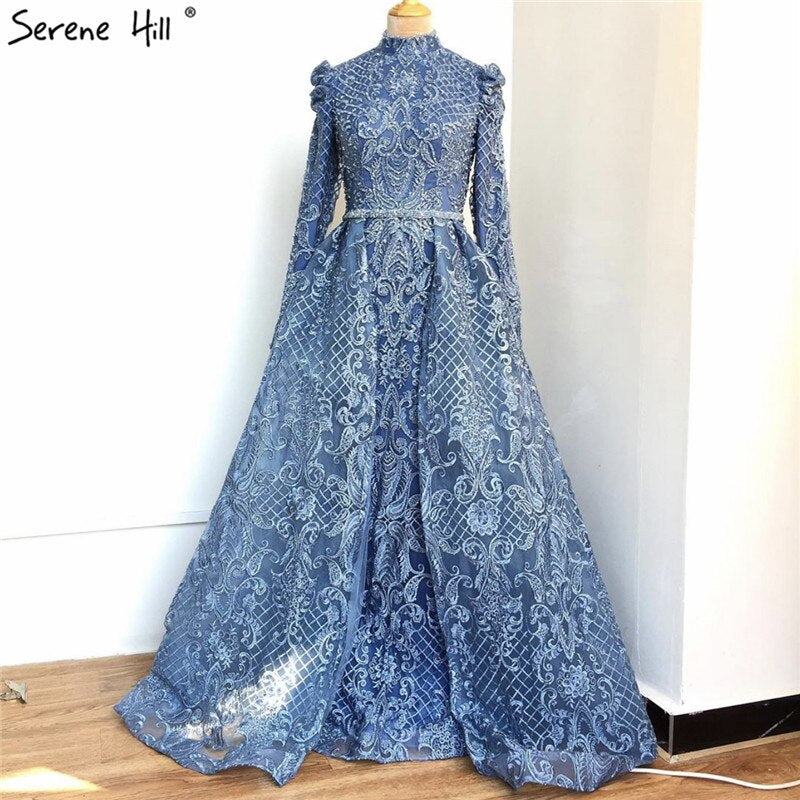 En oferta, sin devolución ni reembolso. Vestidos de noche musulmanes de manga larga con cristales negros, estilo sirena, de lujo, talla grande, LA70419.