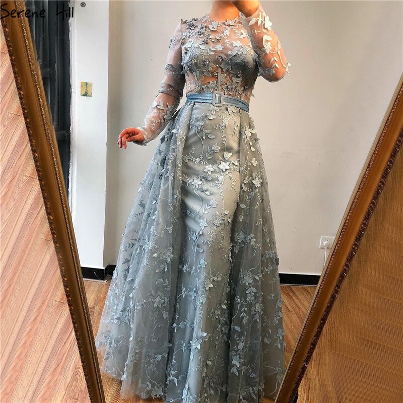 Muslim Grey Long Sleeves Tulle Evening Dresses 2025 O-Neck Handmade Flowers Pearls Fashion Evening Gowns LA60898