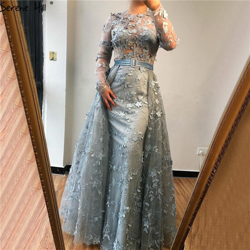 Muslim Grey Long Sleeves Tulle Evening Dresses 2025 O-Neck Handmade Flowers Pearls Fashion Evening Gowns LA60898