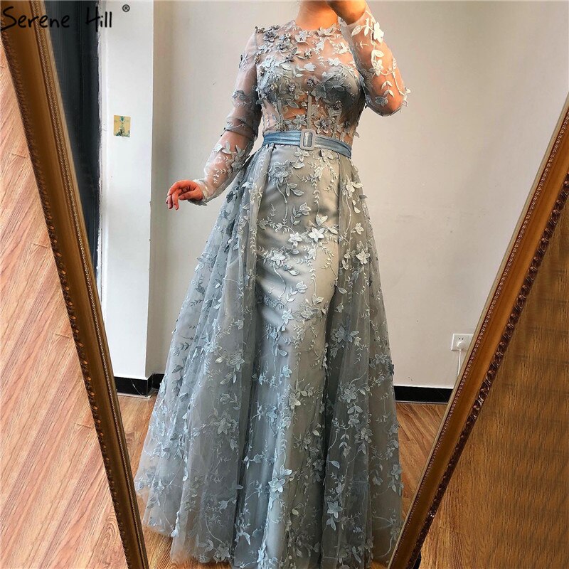 Muslim Grey Long Sleeves Tulle Evening Dresses 2025 O-Neck Handmade Flowers Pearls Fashion Evening Gowns LA60898