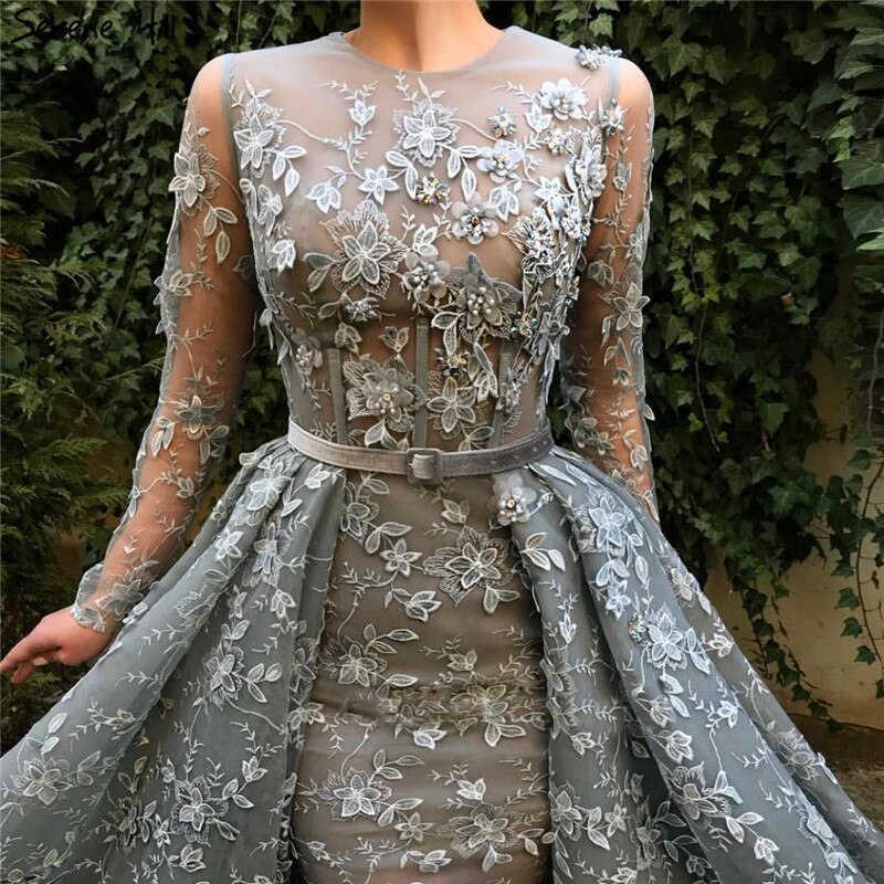 Muslim Grey Long Sleeves Tulle Evening Dresses 2025 O-Neck Handmade Flowers Pearls Fashion Evening Gowns LA60898