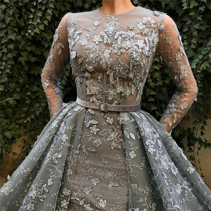 Muslim Grey Long Sleeves Tulle Evening Dresses 2025 O-Neck Handmade Flowers Pearls Fashion Evening Gowns LA60898