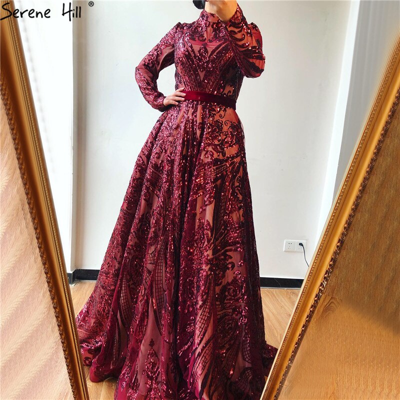 Muslim High Neck Wine Red Sparkle Wedding dress 2025 Long Sleeve Sequined Luxury A-Line Evening Gowns LA70530