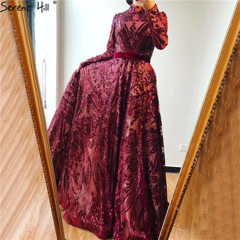 Muslim High Neck Wine Red Sparkle Wedding dress 2025 Long Sleeve Sequined Luxury A-Line Evening Gowns LA70530